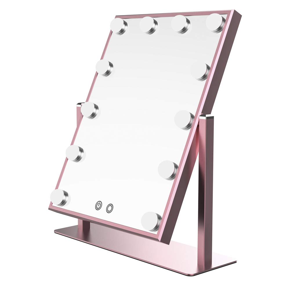 Wonstart 女優ミラー 化粧鏡 12個led電球付 2色調光 360回転 明るさ調整 卓上 ledミラー(ピンク)