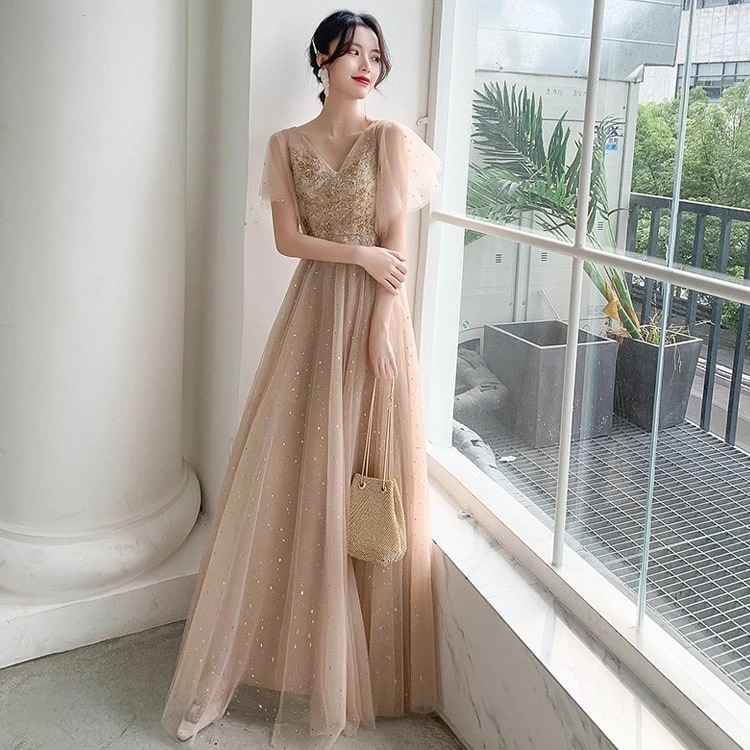 結婚式ドレス ロングドレス ベージュ イブニングドレス 刺繡 発表会ドレス Vネック お呼ばれドレス 二次会ドレス ロング Aライン 演奏会ドレス XS S M L XL XXL
