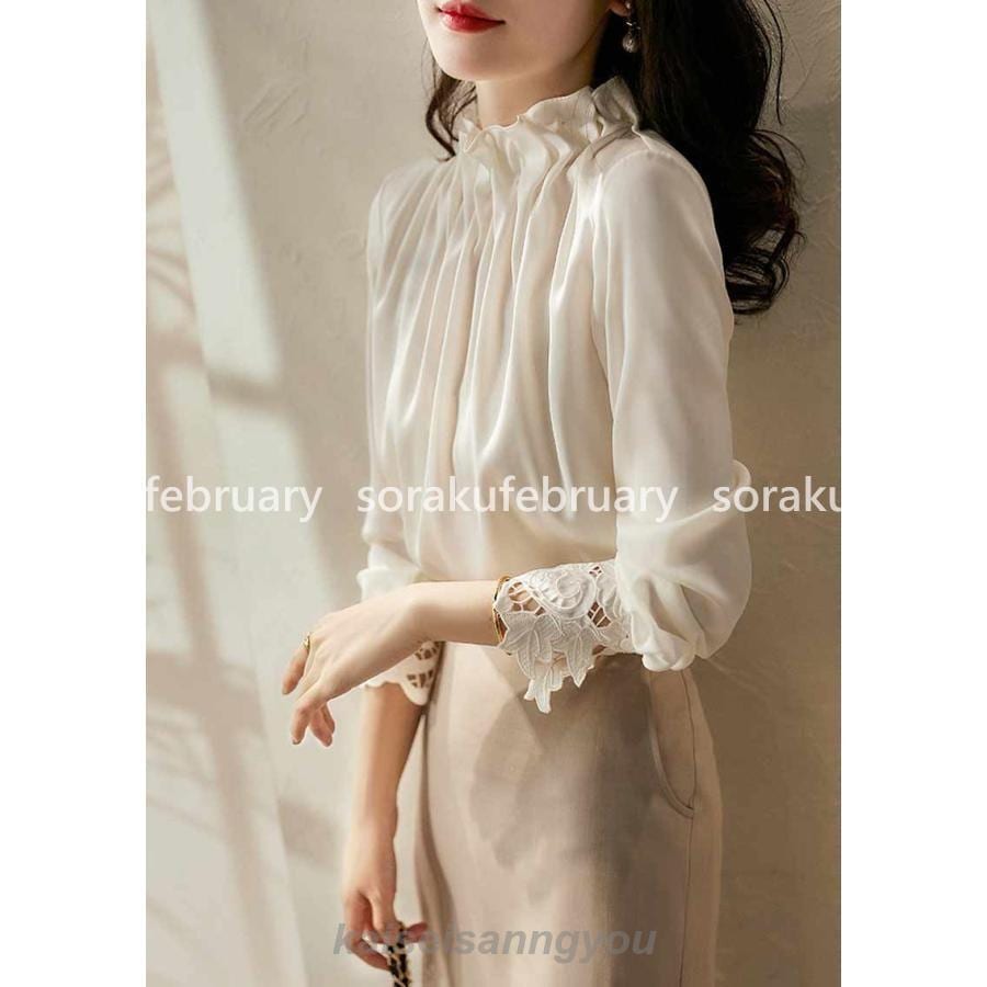 ブラウス フリル 立ち襟 シャツ 長袖 レディース トップス レース 花柄 シャツブラウス 春 夏 秋 レースブラウス tシャツ ハイネック ブラウス スタンドカラー