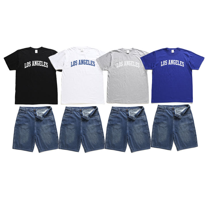 ACE FLAG 上下セット 半袖 ブランド LA ロサンゼルス Tシャツ デニム ハーフパンツ 上下 メンズ 春夏用 全4色 大きいサイズ エースフラッグ セットアップ