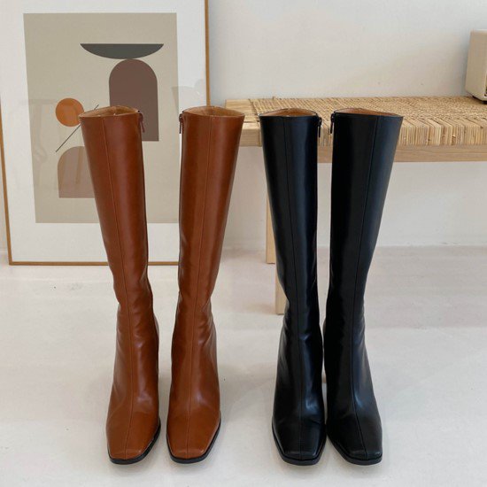 【取寄：納期2週間】ロングブーツ レディース ブーツ 靴 シューズ スクエアトゥ サイドジッパー シンプル 無地 カジュアル お出掛け きれいめ 秋冬 ヒール ファッションブーツ 黒 茶 6,943円