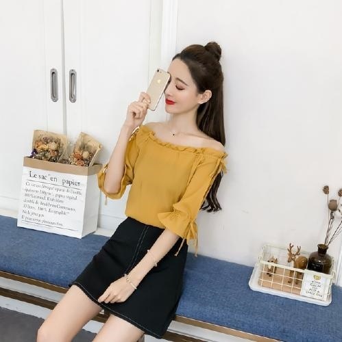 2246.肩リボン フリル　オフショルダートップス(イエロー)　2019 春夏 新作 大人 かわいい カジュアル OL 20代 30代 デート服 女子会
