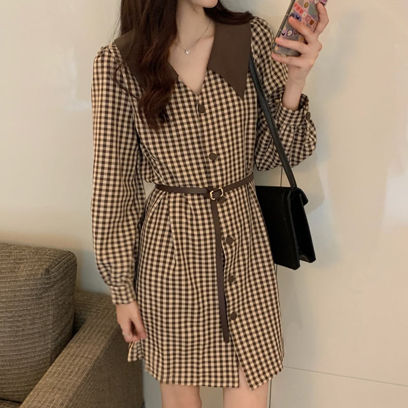 ワンピーストップス ベルト付き チェック柄 ブラウン ワンピ シャツ風ワンピース Aライン シック