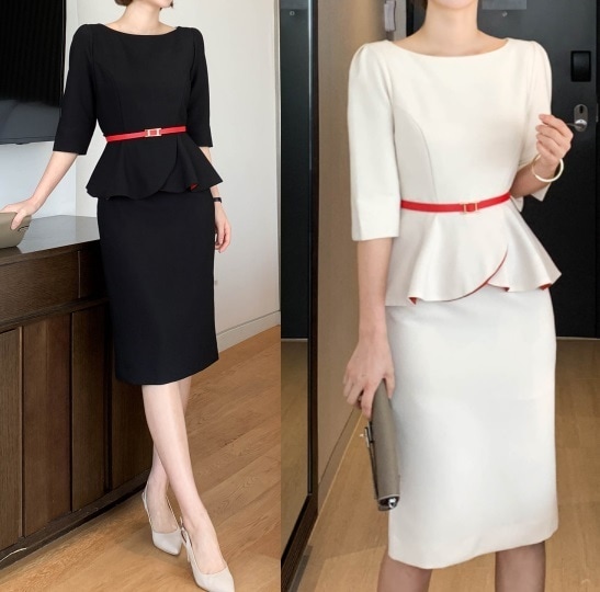 ワンピース 結婚式 秋冬 長袖 ぺプラムワンピース ベルト付 無地 膝下 入卒園式 ２色 7,902円