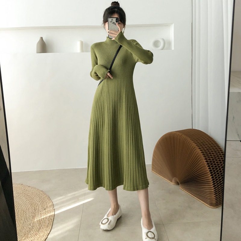 ワンピース レディース ニットワンピース M L XL 2XL 3XL 4XL 韓国 ミモレ ミモレ丈 袖あり 長袖 ハイネック フレア スリム タイト Aライン リブ リブニット ニット かわいい