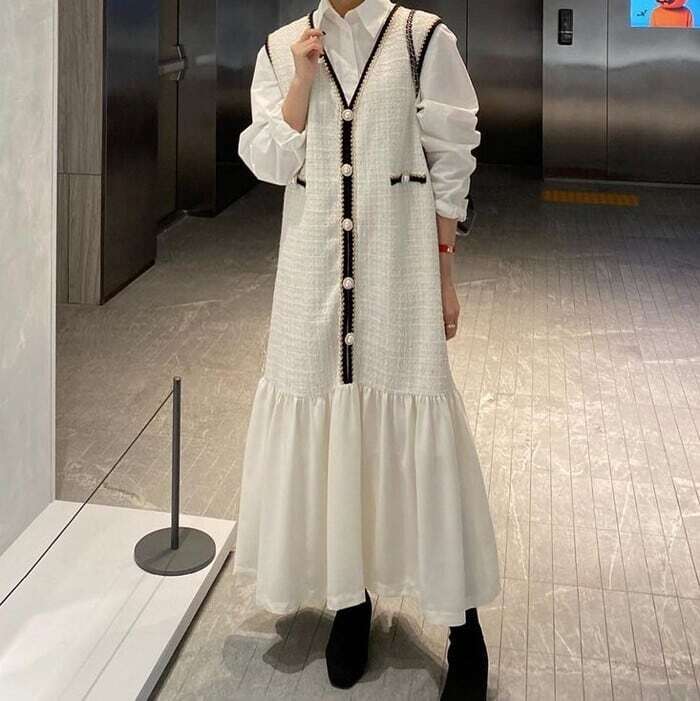 ワンピース レディース ロングワンピース 2カラー 韓国 フリーサイズ ブラック ホワイト カラバリ ツイード ノースリーブ ネック パール 異素材 ドッキング Iライン 縦長シルエット マーメイド 5,480円