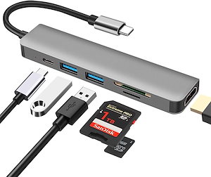 USB C ハブ6 in 1 Type C マルチポート アダプター4K HDMISD/TF カード リーダーUSB 3.0 / USB 2.0 ポート100W PD ポート付き