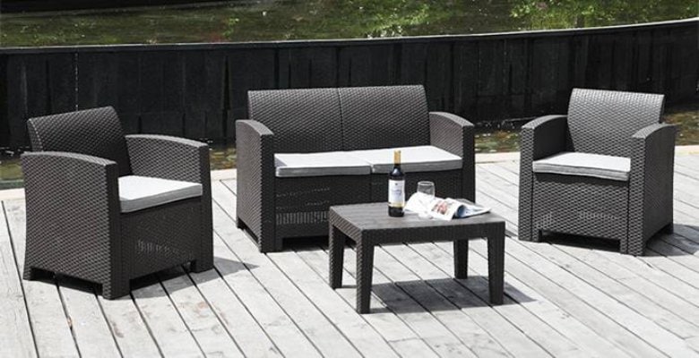 ガーデンソファ ラタン調 ガーデン テーブル ガーデンファニチャー 4点セット 簡単組立ホテル カフェ ベランダ ウッドデッキ ###ソファ机SS-###