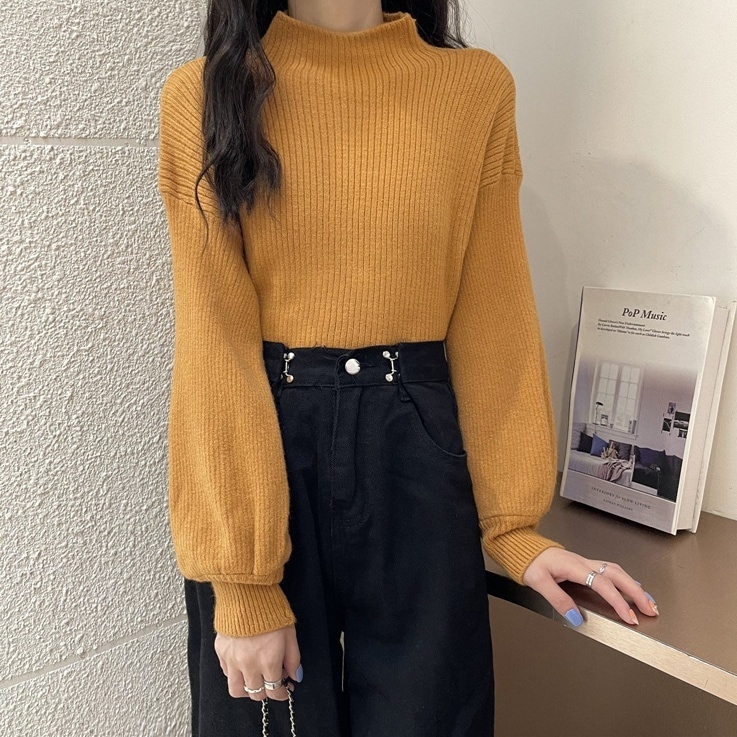 トップス セーター 長袖 ボリューム袖 ハイネック 襟なし かわいい 大人可愛い きれいめ シンプル