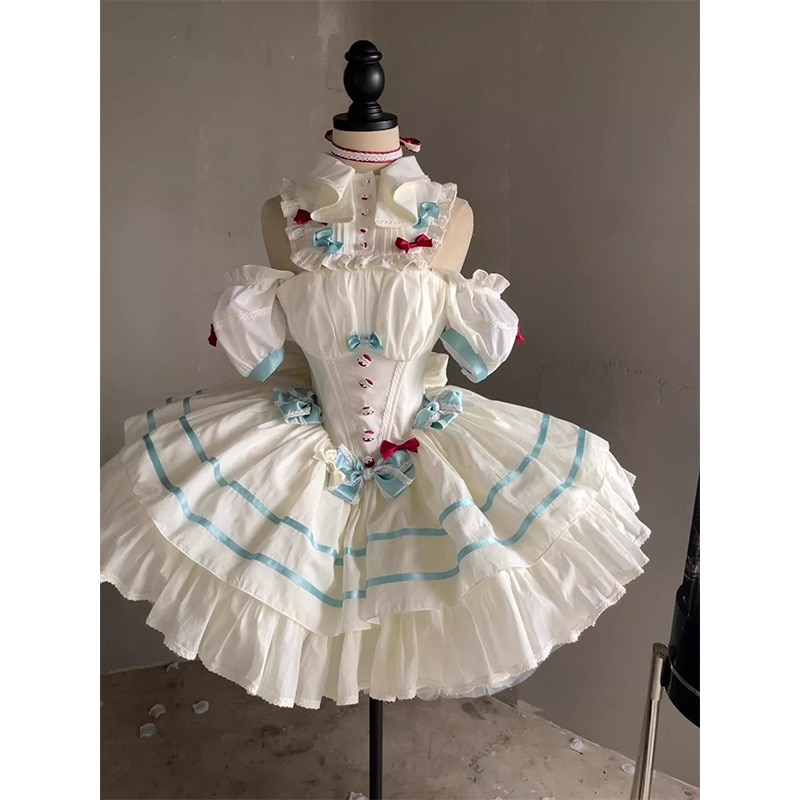 ロリータスイートガーリーリボンフリルオフショルダードレスウエスト付きおしゃれで丈夫なスカート