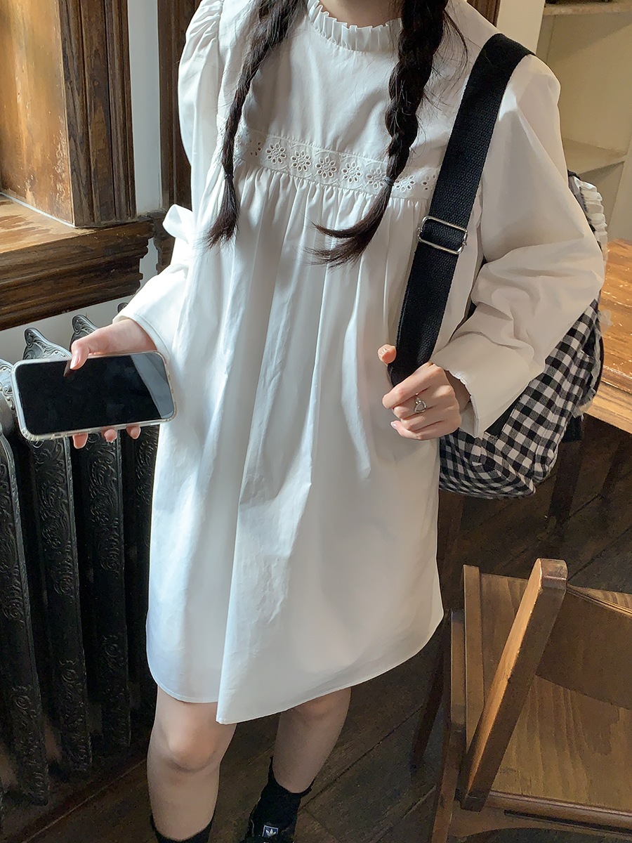 優しく甘い花びらスタンドカラー中空かぎ針編み長袖ベビードールドレス女性用2024