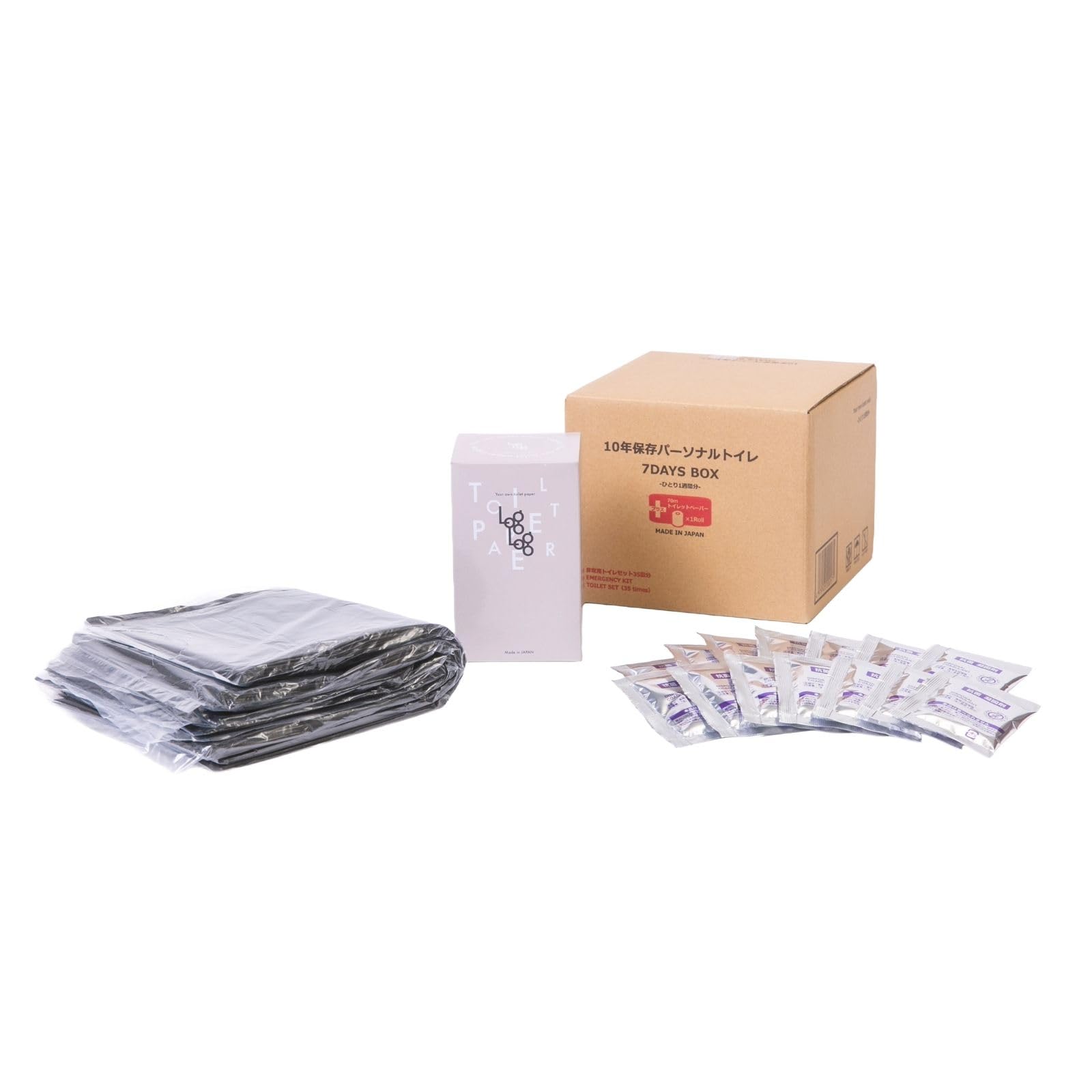 LogLog 10年保存 パーソナルトイレ 7DAYSBOX (備蓄用 トイレットペーパー アルミ蒸着真空パック 小箱入り 70ｍ巻 ×1個 凝固剤×35個 汚物処理袋×35枚) 簡易トイレ 1人