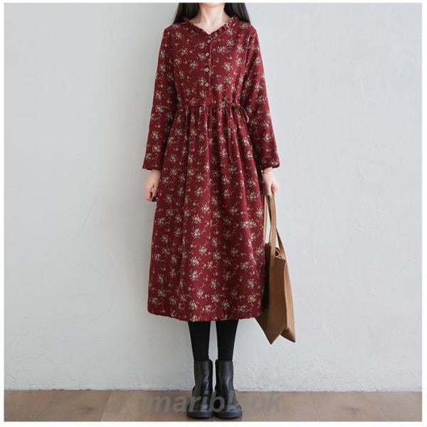 【即納】ワンピース レディース 裏起毛 冬 ロングワンピース 花柄 40代 長袖 マキシワンピース 裏ボア あったか チュニック 秋 防寒 体型カバー 大きいサイズ