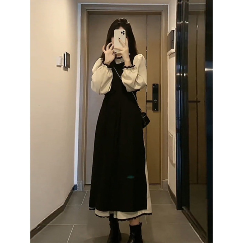 フレンチ 優しい 黒 長袖ワンピース 春 高級感 パネル 痩せ見え ロング