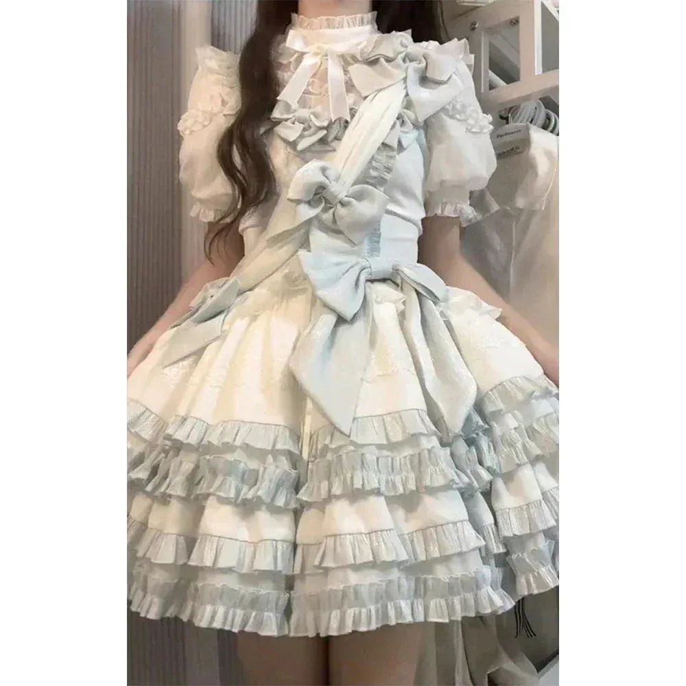 青と白 ロリータドレスセット かわいいロリータ レースリボンのプリンセスドレス コスプレ コスム ワンピース