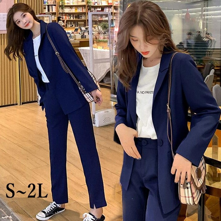 スーツセット　レディーススーツ　セットアップ　裾スリット　スーツ　ジャケット　パンツ　ズボン　セレモニースーツ　ママ　面接　卒業式　入学式　通勤　オフィス　OL　S M　L　2L