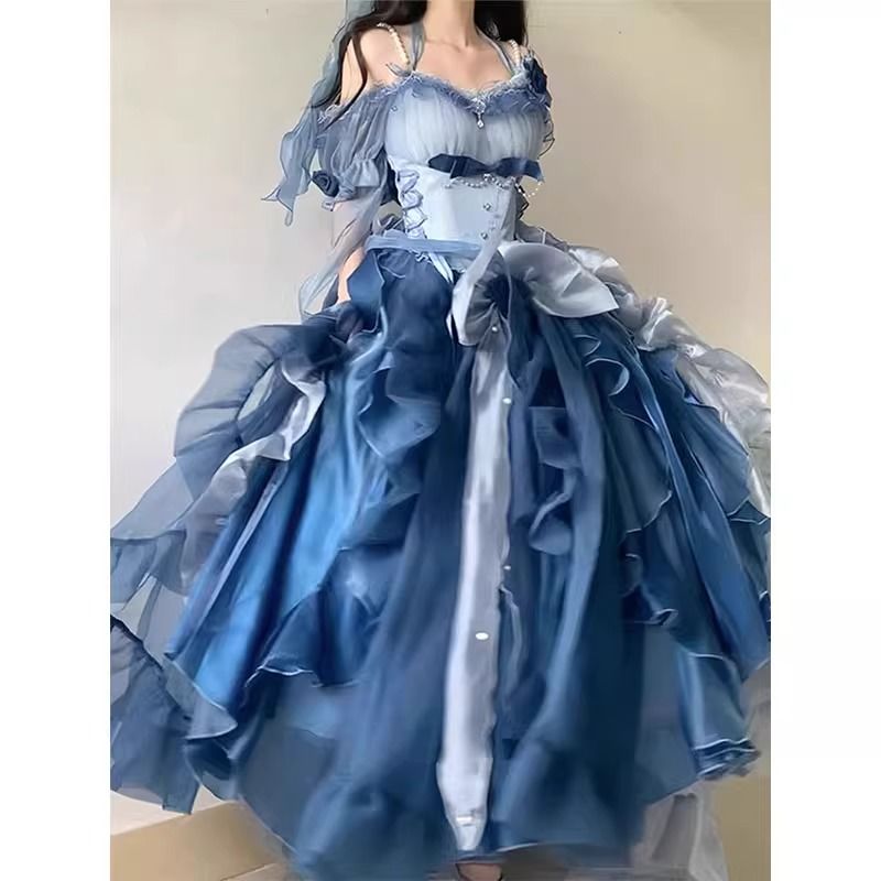 ブルーロリータドレスウェディングサスペンダードレス美しいスカートロリータプリンセスドレス 5,450円