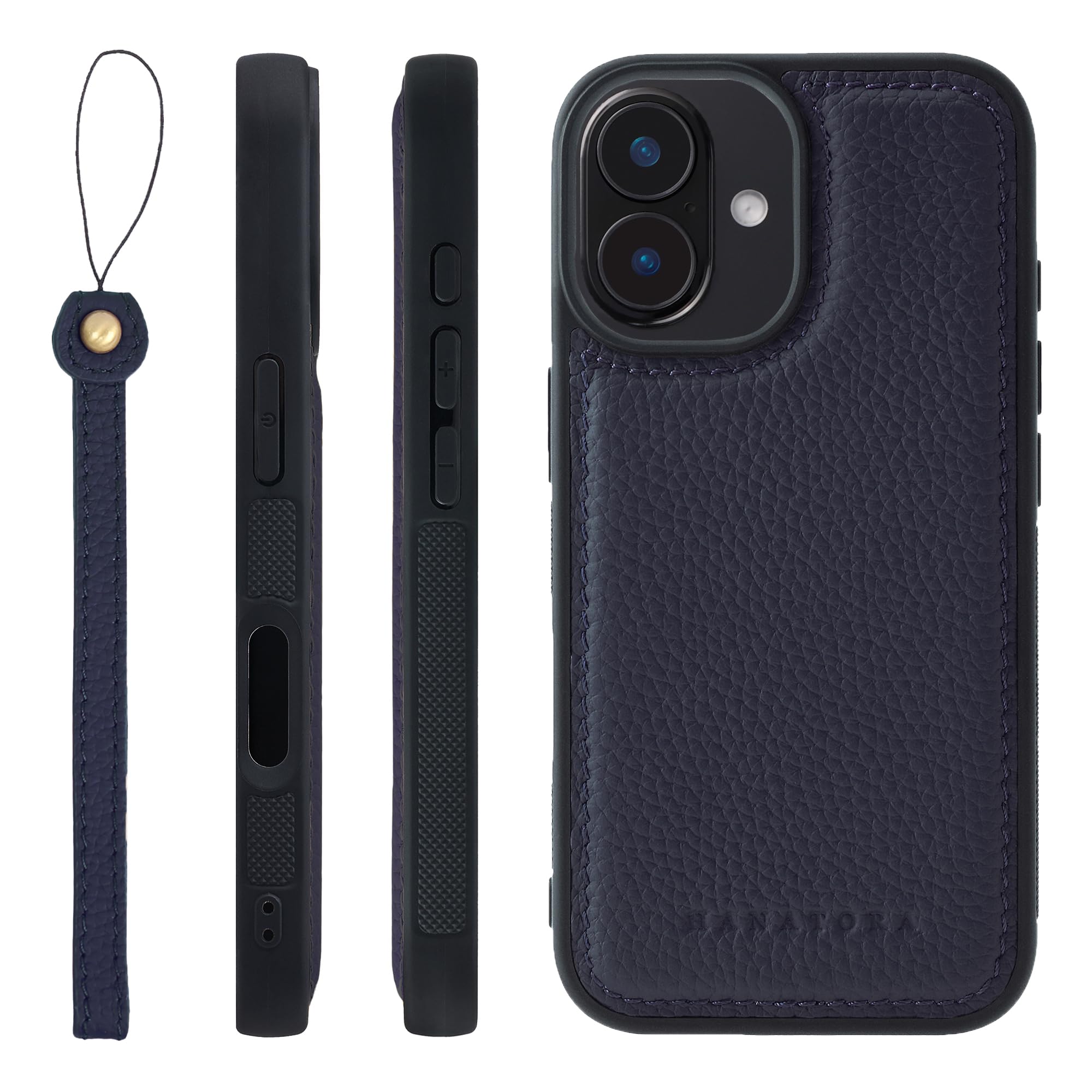 HANATORA iPhone16 ケース 本革 耐衝撃 バンパー型 スマホケース スマホ ストラップ 付き シュリンクレザー ギフト ネイビー