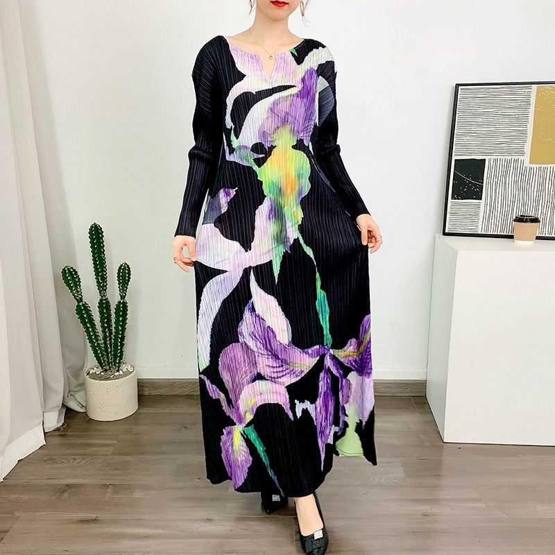 美人 母親 大きいサイズ 大人かわいい 母 上品 フレアワンピース プリーツ 花柄 ロング丈 きれいめ 長袖 ミモレ丈 ロング 春 30代 40代 おしゃれ レディース 50代 ファッション ワンピー