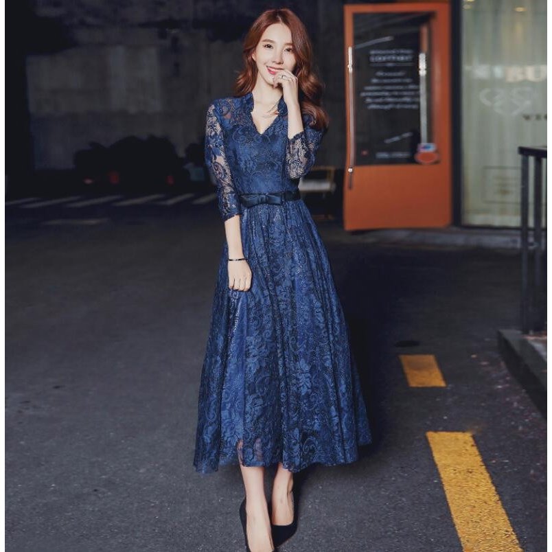 イブニングドレス セクシー パーティードレス 透ける レース Vネック ロング丈 七分袖 バ