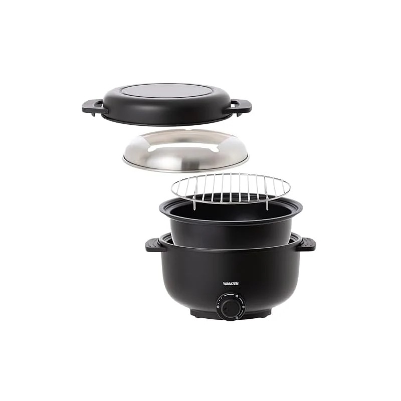【即納】[山善] 電気鍋 グリル鍋 小型 卓上 一人用 5WAY (焼く/蒸す/揚げる/煮る/フォンデュ) デキタテポット 温度調整機能 着脱式 丸洗い可能 ブラック YMCP-S650(B)