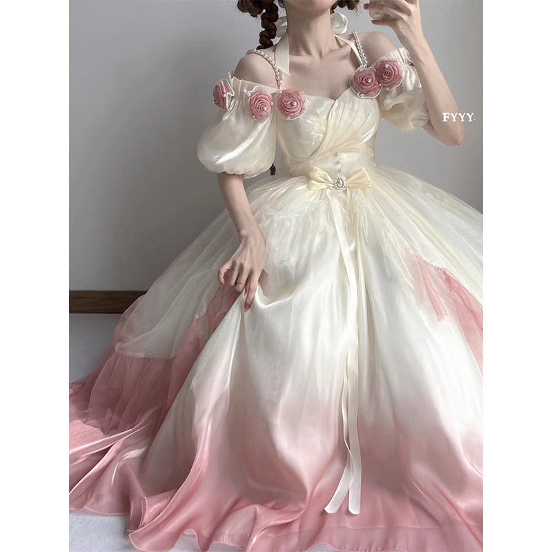 グラデーションピンク立体ローズロリータドレスウェディングドレスロリータメッシュデイリープリンセスドレス