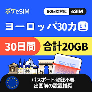 【購入後すぐ届く！】ヨーロッパ30か国 eSIM 合計20GB 30日間 データ通信専用(電話番号なし) 5G対応 有効期限90日
