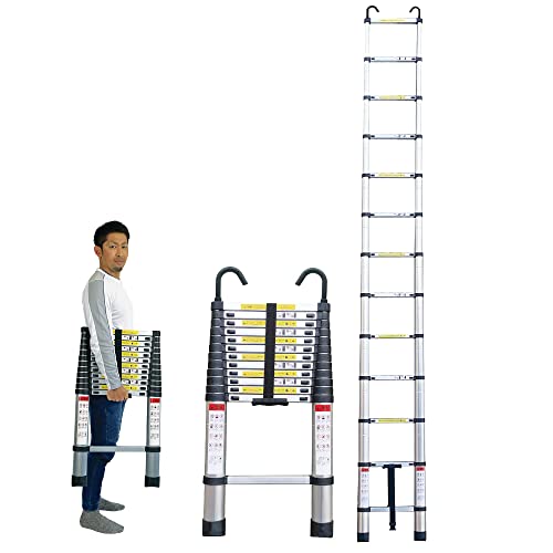 伸縮 はしご 3.8ｍ 耐荷重150kg スーパーラダー コンパクト 持ち運びやすい 伸縮自在 自動ロック スライド式 アルミ 梯子 3.8m フック付き　Moore