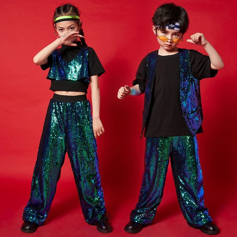 半袖Tシャツ 舞台衣装 女の子 ステージ衣装 発表会 ジャズダンス ストリートダンス 3点 パンツ 緑色のスパンコール へそ出し 男の子 セット ダンス衣装セット HIPHOP ベスト 子供ダンス衣 5,116円