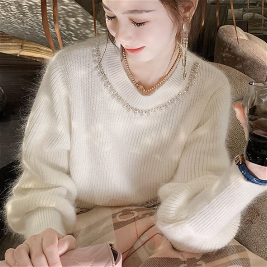 トップス 2色 セーター 萌え袖 袖あり 長袖 ランタンスリーブ クルーネック プルオーバー ビジュー装飾 ニット かわいい 大人可愛い 大人女子 こなれ感 シンプル カジュアル 大人