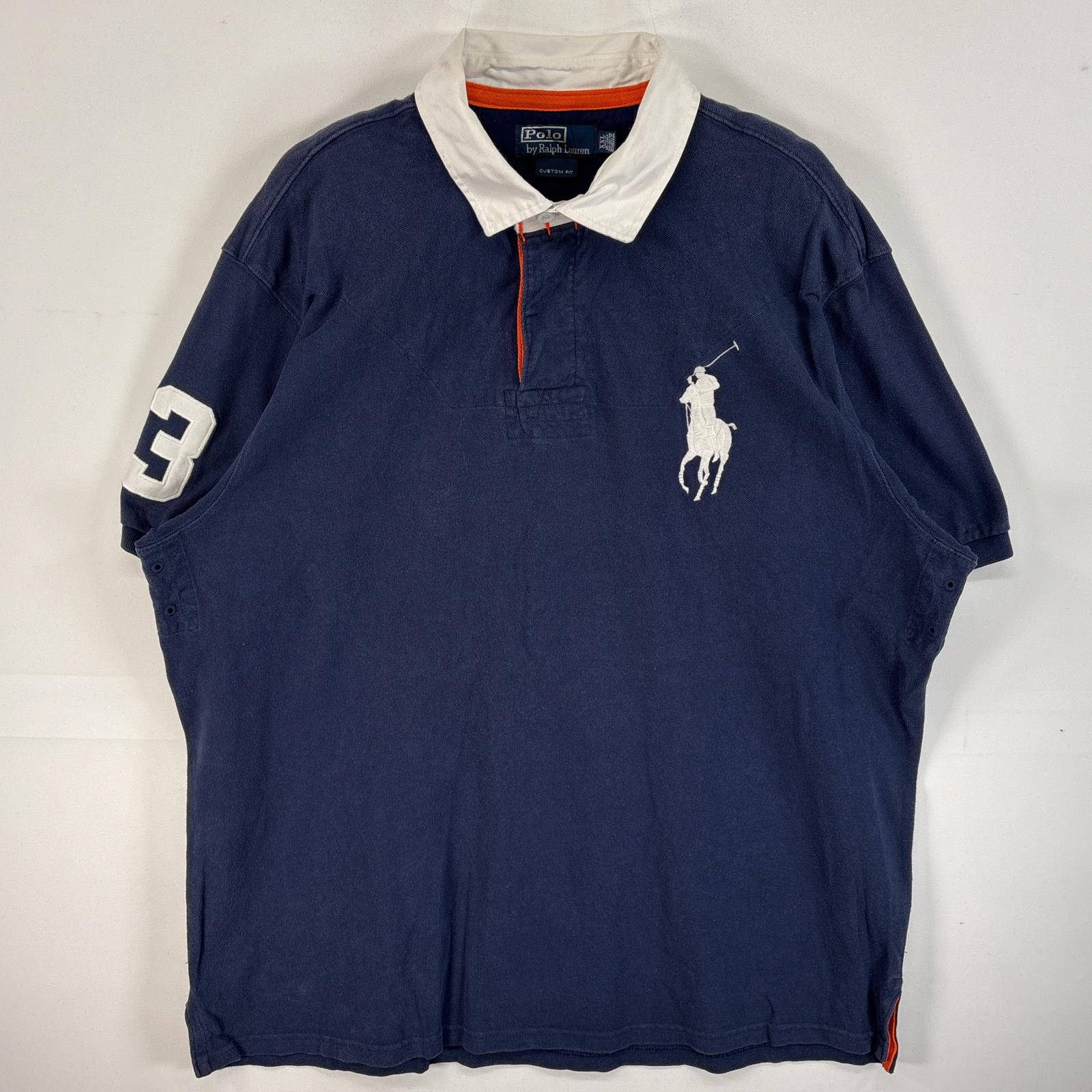 古着 90s/90年代 ポロバイラルフローレン Polo by Ralph Lauren 鹿の子 半袖 ラガーシャツ 2ボタン ビッグポニー 大きいサイズ XXL ネイビー系 無地 メンズ