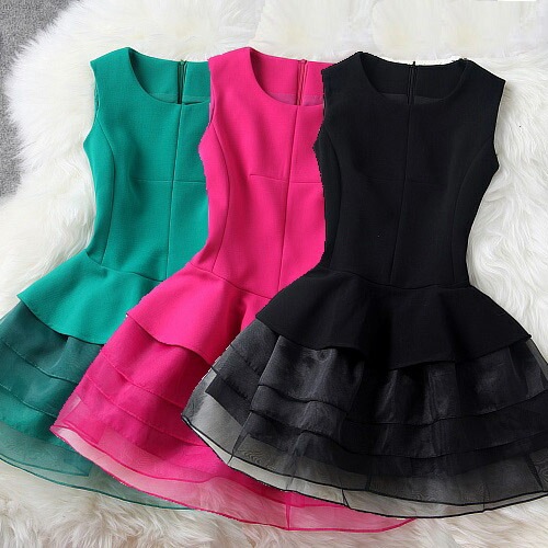 ミニドレス S-2L 黒 ピンク グリーン パーティー 4段フリル ワンピース LYY-T12836 チュール ティアードフリル ノースリーブ レディース 大人可愛い デートコーデ 8,878円
