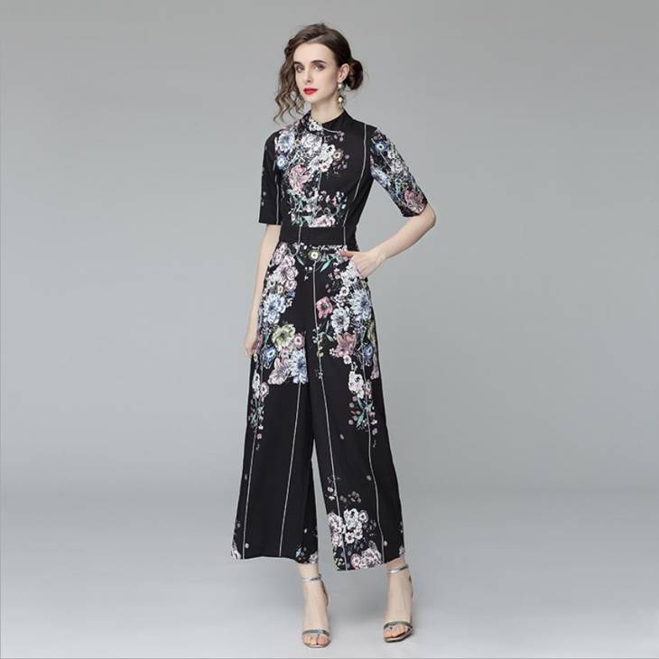 オールインワン M-3L 予約 パンツドレス 黒 五分袖 袖あり MD-S386356 通勤 通学 お出かけ パーティー 披露宴 大人 上品 花柄プリント ロング マキシ丈 L 2L 15号