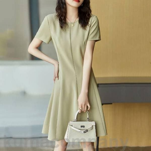 ワンピース ドレス 袖あり エレガント レディース きれいめ カジュアル おしゃれ 半袖 大人 可愛い フェミニン ひざ丈 シンプル ナチュラル Aライン 体型カバー お呼ばれ オケージョン グリーン