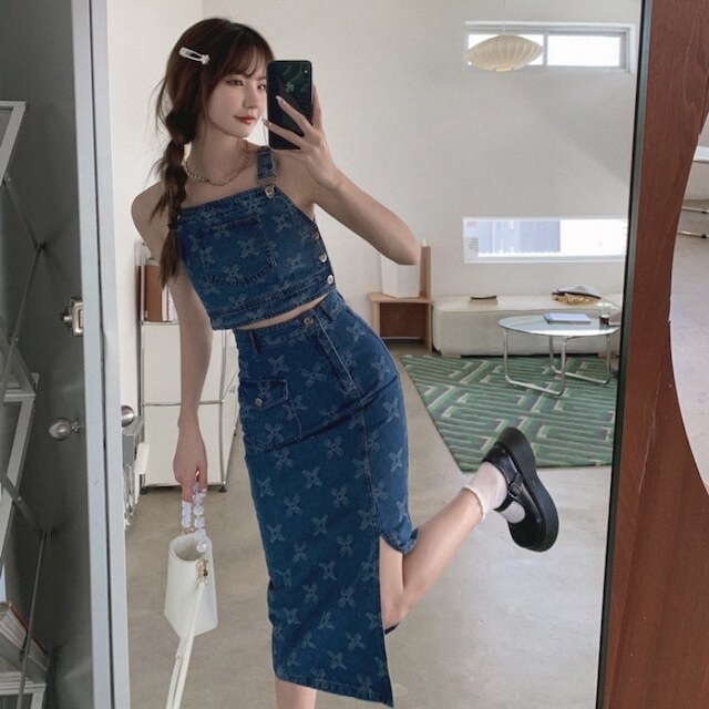 【送料無料】レディース セットアップ デニム ビスチェ＋スカート デニムセットアップ