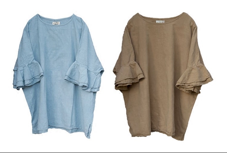 トップス カットソー プルオーバー 袖あり 半袖 5分袖 五分袖 フリル袖 ラウンドネック 襟なし ワイド 大人可愛い シンプル カジュアル おしゃれ お洒落 レトロ アジアン エスニック