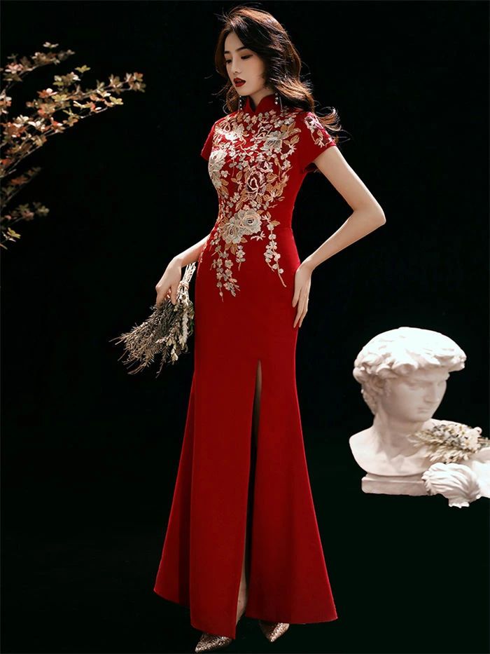 【送料無料】花嫁 二次会 結婚式 エレガント 刺繍柄 短袖 前スリット チャイナドレス チャイナ風 中華服 チーパオ