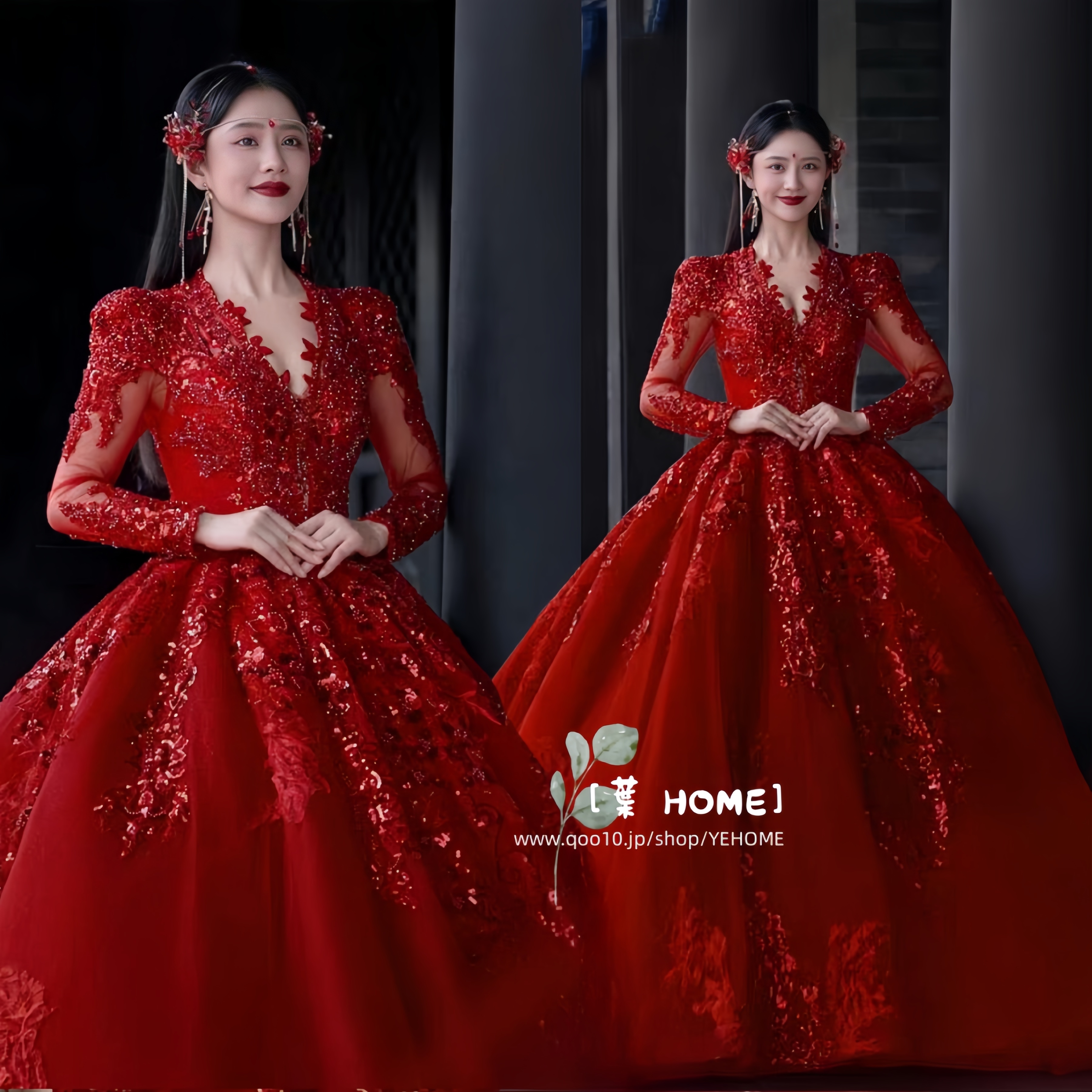 [葉 HOME] パーティードレス 豪華 ウェディングドレス 長袖 花嫁ロングドレス 手作り 結婚式 二次会 エレガント お呼ばれ 挙式 簡約 姫系発表会 コンサート パーティー 韓国ファッション