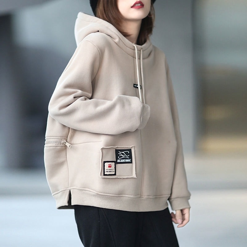 トップス パーカー レギュラー丈 レギュラー袖 フード付き ファスナー ポケット 綿 厚手 コットン ベルベット シンプル カジュアル お洒落 かっこいい ラフ メンズライク ボーイッシュ ルーズ