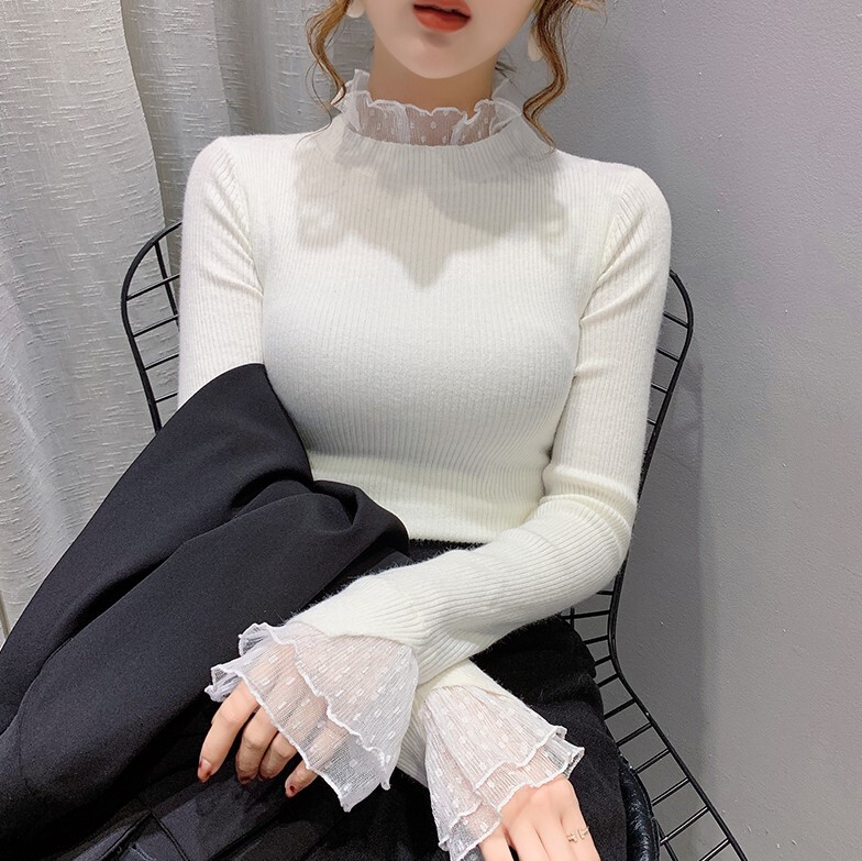 レイヤード風 シアーレース切替え トップス ニットソー ミディアム丈 長袖 襟付き フリルネック リブ ニット ドット柄レース 切り替えデザイン 伸縮性 透け感 シースルー 異素材MIX かわいい