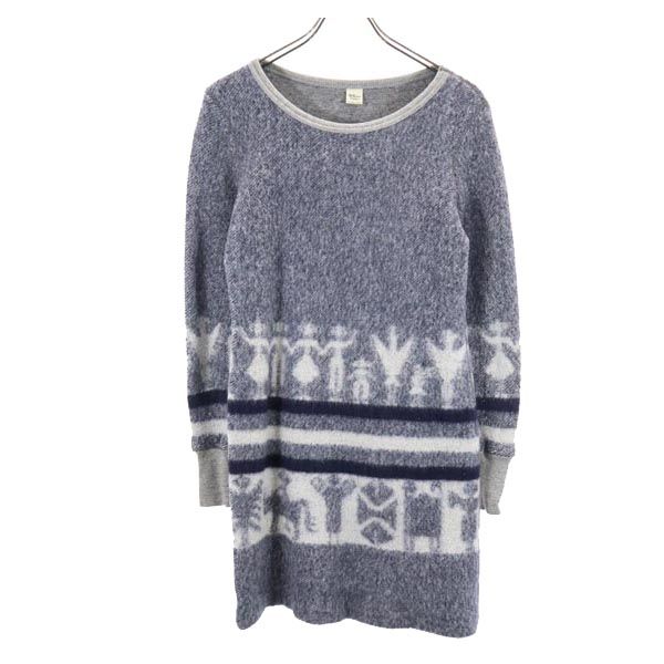 総柄 長袖 ニット ワンピース XS ブルー系 レディース
