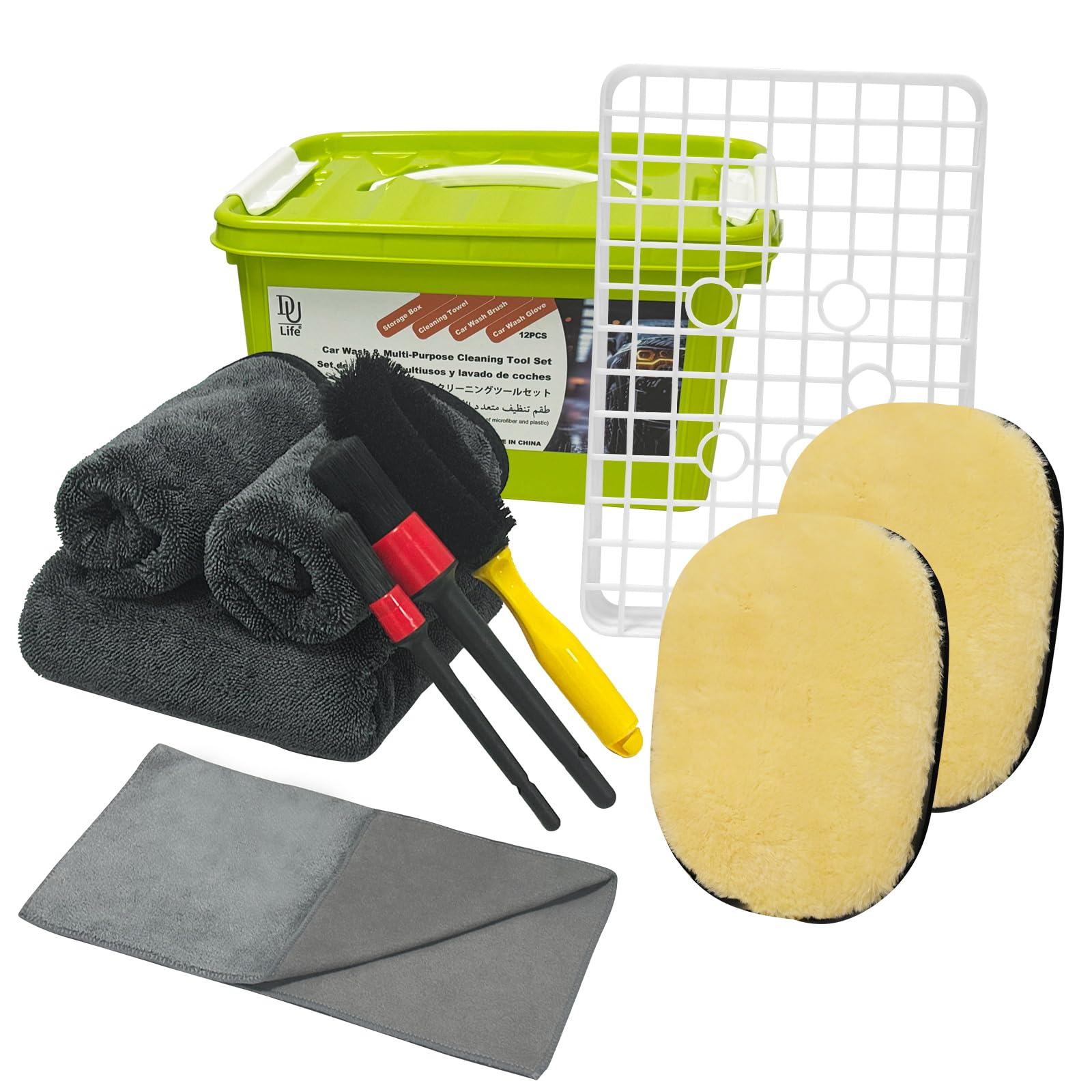 洗車セット 13点 バケツ付き 洗車用品 持ち運びに便利な収納ケース付き 収納＆バケツ 2役 拭き上げ用 マイクロファイバークロス 6枚 窓ガラス用クロス 1枚 ホイールブラシ 1本 洗車ブラシ 豚毛