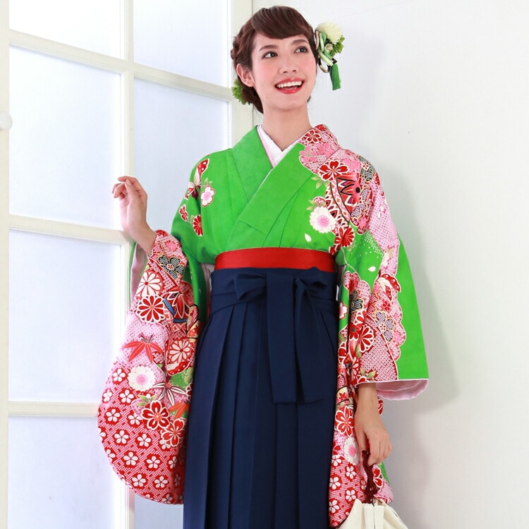 レンタル卒業式 袴 レンタル 女 袴セット 女 卒業式袴セット2尺袖着物＆袴 フルセットレンタル 安い 黄緑地に赤の疋田桜と鞠 古典柄