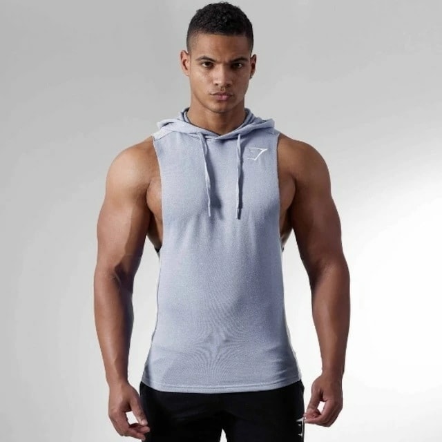 【送料無料】GymShark　ジムシャーク　Drop Arm Sleeveless Hoodie フーディ　- ライトグレー【Light Grey Marl】メーカー直輸入品！