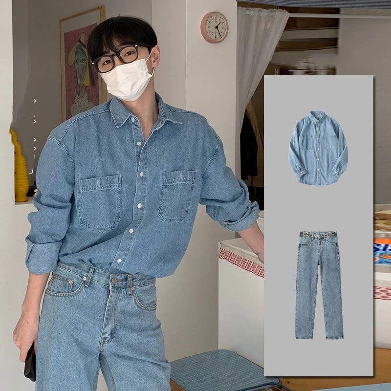 セットアップメンズ デニムシャツスーツ メンズ 長袖コート ジーパン ゆったりカジュアル セット