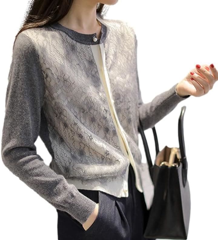 カーディガン レディース ニット フロントレース パールボタン 長袖 ラウンドネック パイピング シック ポリエステル BB022-GY-L( グレー, L) 5,396円