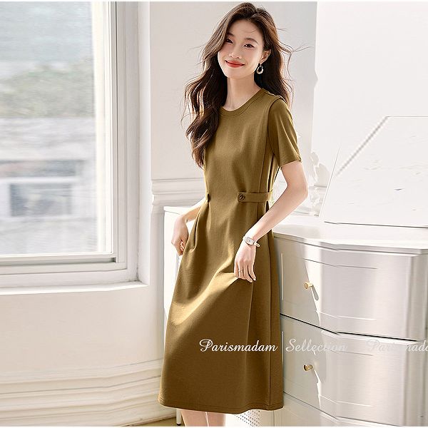 最終在庫半袖大人ワンピース　ひざ丈　Aライン　ウエストがポイント　ブラウン　大きいサイズ有り SからXXL ほっそり効果大通勤通学20代30代40代50代60代