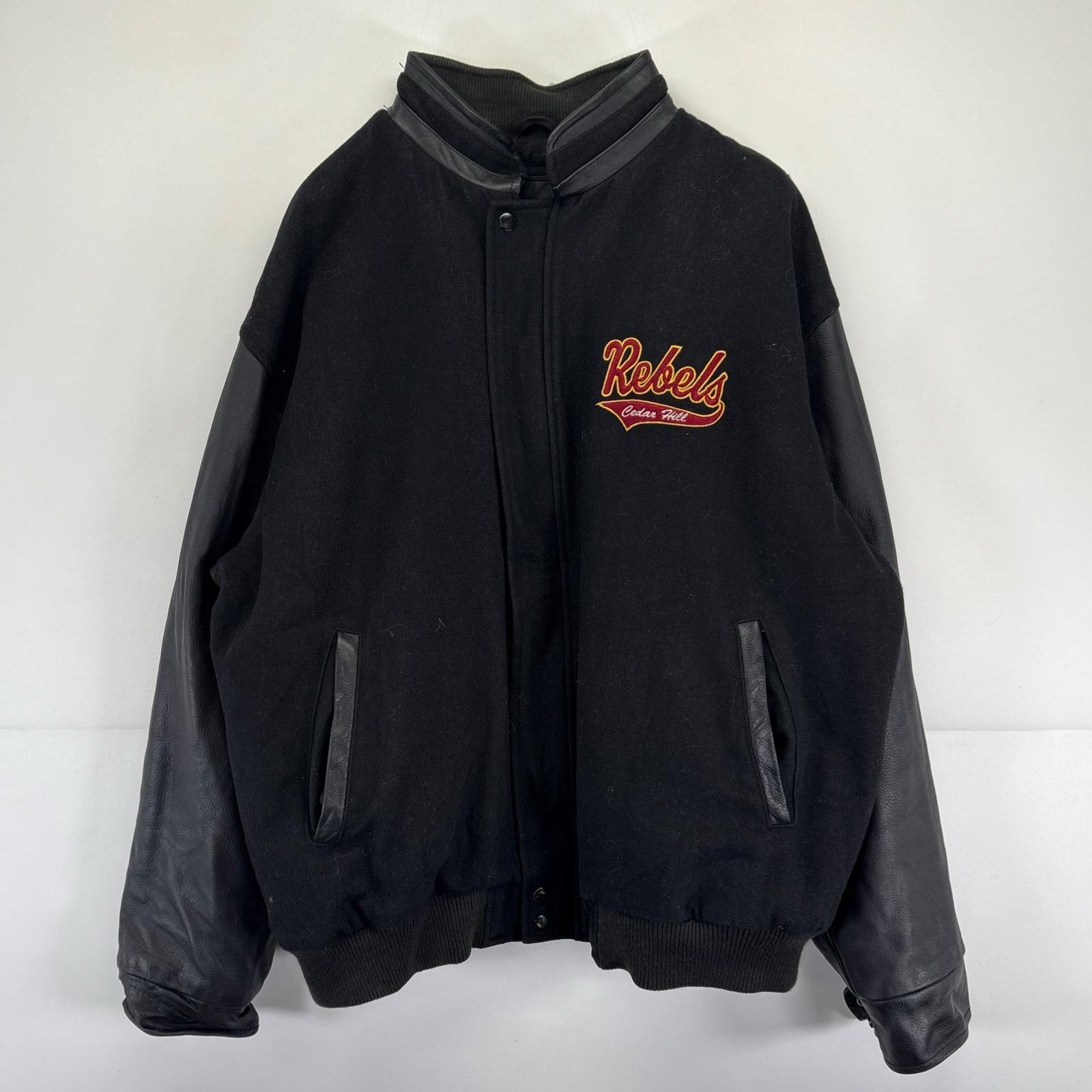 古着 スタジャン 大きいサイズ 中綿 袖レザー フルジップ 刺繍 バックデザイン 2XL ブラック メンズ