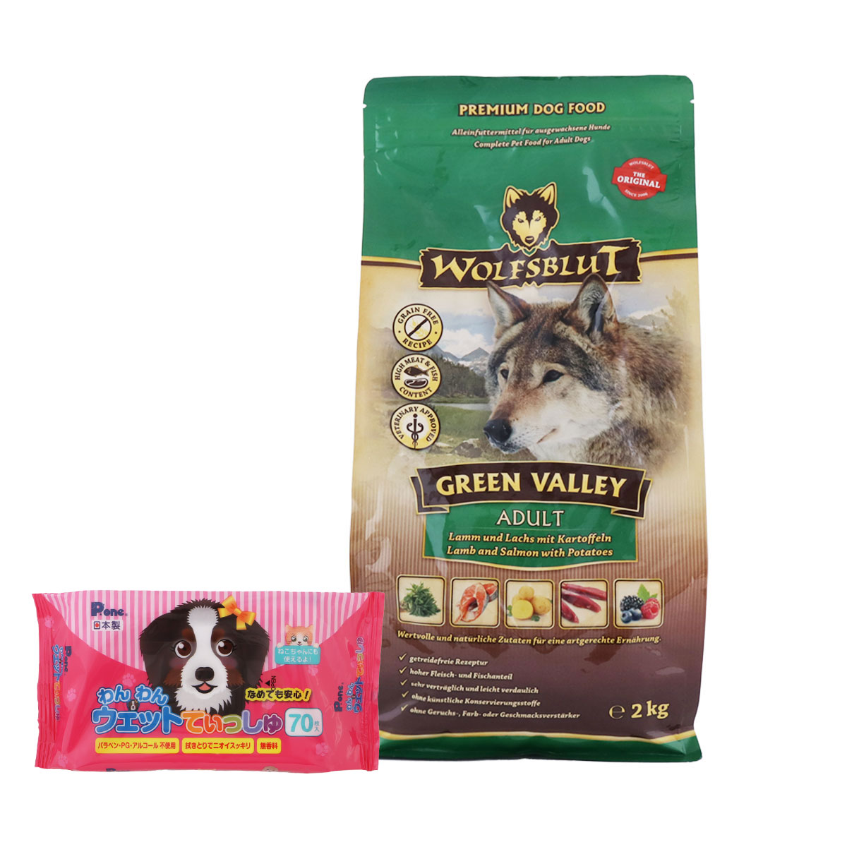 ウルフブラット アダルト グリーンバレー（ラム＆サーモンとポテト）2kg【わんわんウエットてぃっしゅ1個付き】