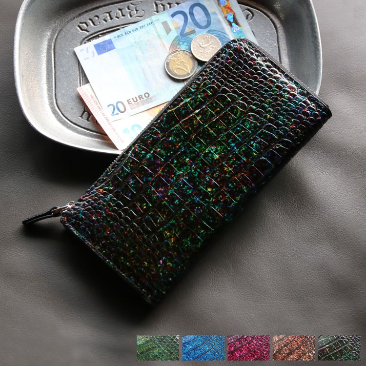 クロコダイル 長財布 メンズ L字ファスナー 財布 本革 鰐革 ワニ革 手染め加工 フランスクロコダイル 手染め お洒落 オシャレ 紳士財布 高級感 艶 美しい 父 男性 プレゼント ギフト (060